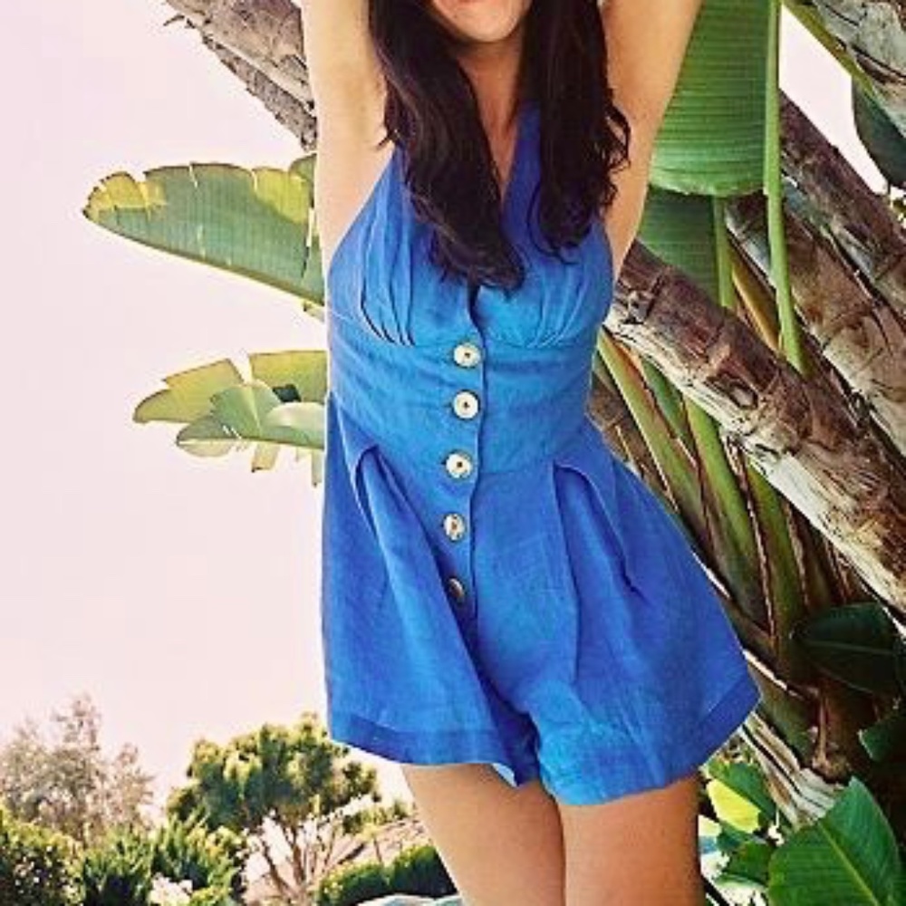 NWT Free People Endless Sumer, Soleil linen romper jumpsuit size L color Blue